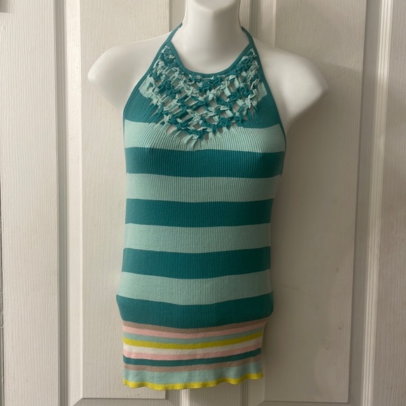 Armani Exchange green/pink/white/chartreuse stripped crochet knit halter size L - Picture 1 of 10